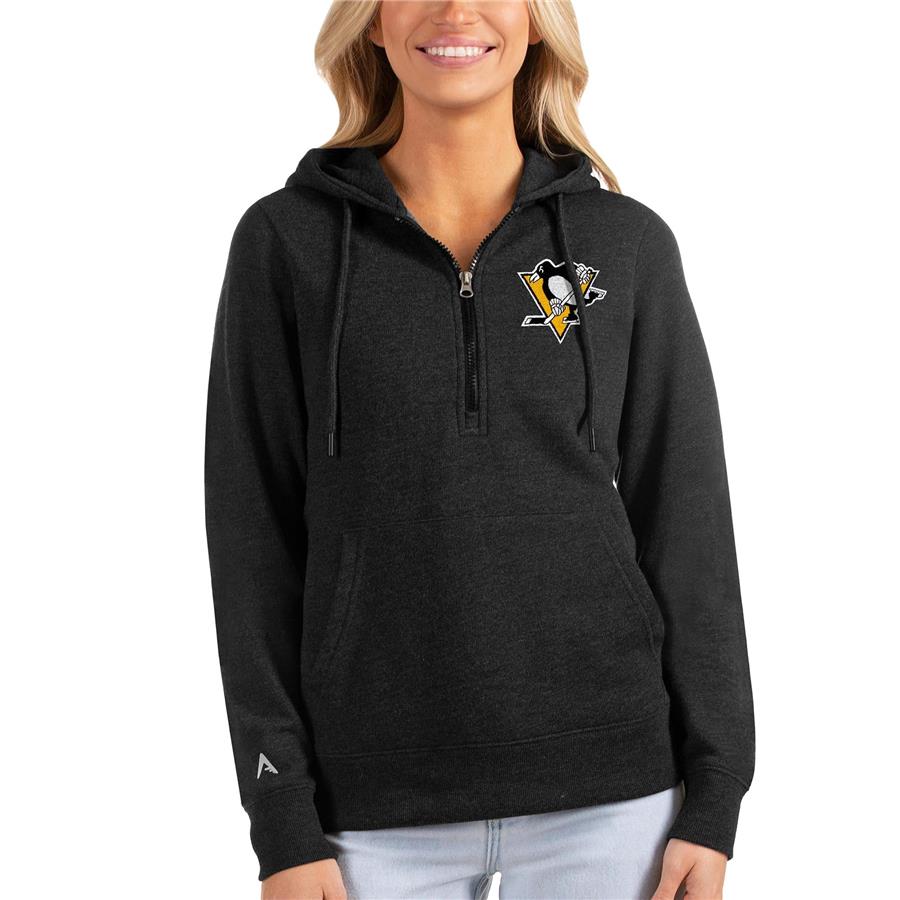 Pittsburgh Penguins Antigua Women's Action Half-Zip Pullover Hoodie - Heathered Black