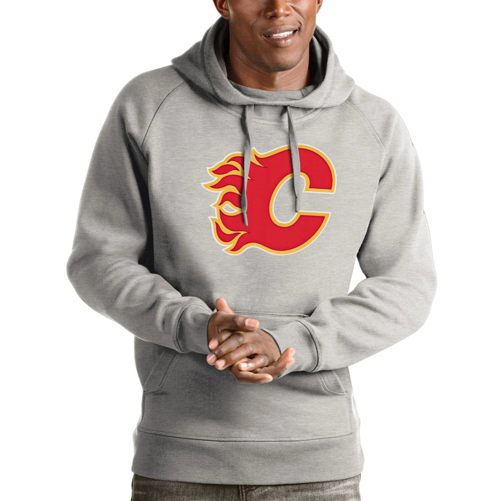 Calgary Flames Antigua Logo Victory Pullover Hoodie - Heathered Gray