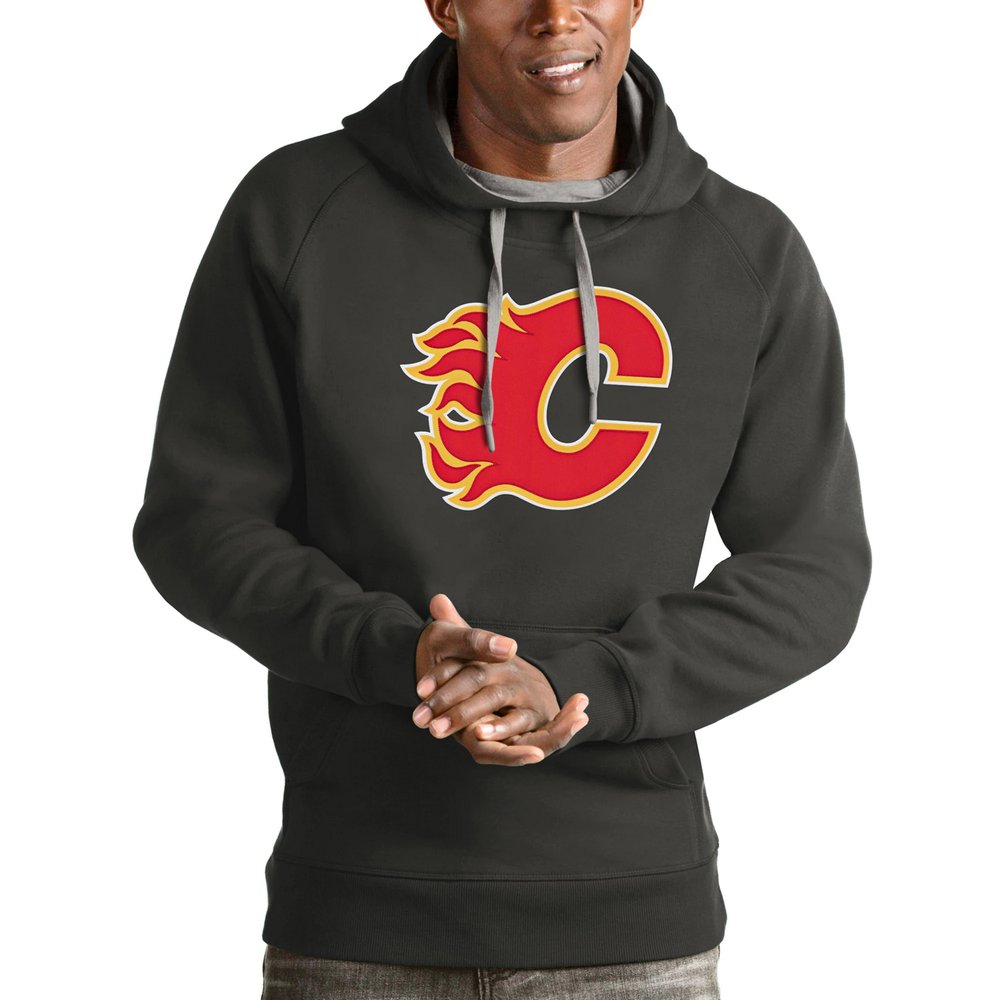 Calgary Flames Antigua Logo Victory Pullover Hoodie - Charcoal