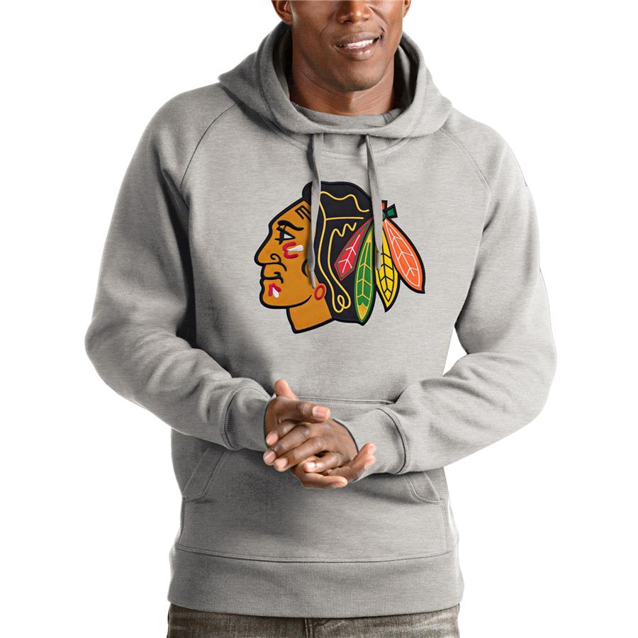 Chicago Blackhawks Antigua Logo Victory Pullover Hoodie - Heathered Gray