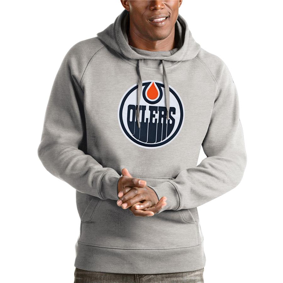 Edmonton Oilers Antigua Logo Victory Pullover Hoodie - Heathered Gray