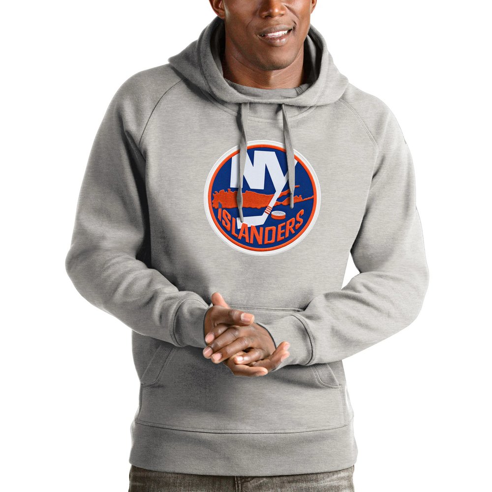 New York Islanders Antigua Logo Victory Pullover Hoodie - Heathered Gray