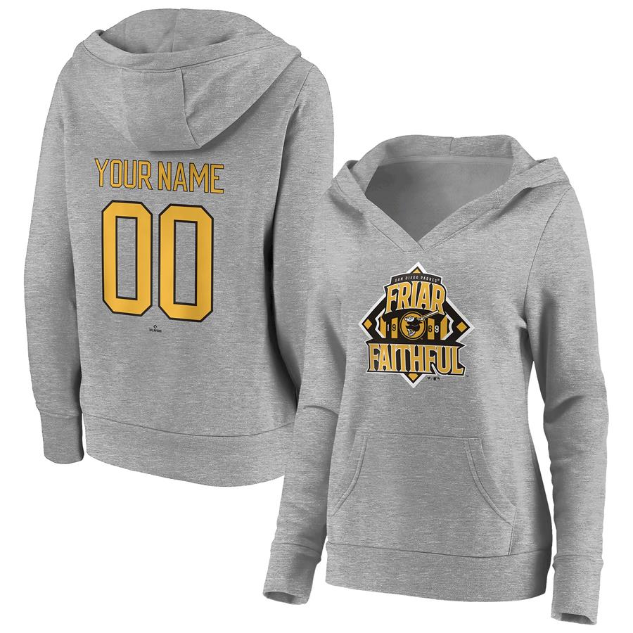 San Diego Padres Fanatics Branded Women's Hometown Legend Personalized Name & Number V-Neck Pullover Hoodie - Heathered Gray