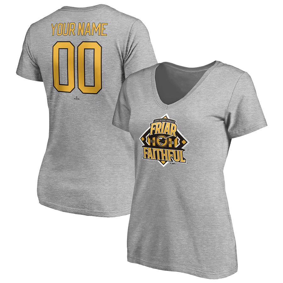 San Diego Padres Fanatics Branded Women's Hometown Legend Personalized Name & Number V-Neck T-Shirt - Heathered Gray