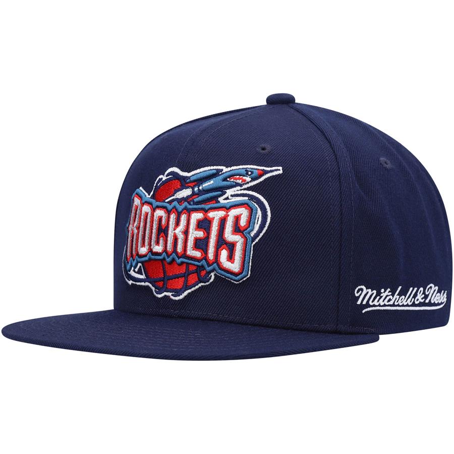 Houston Rockets Mitchell & Ness English Dropback Snapback Hat - Navy