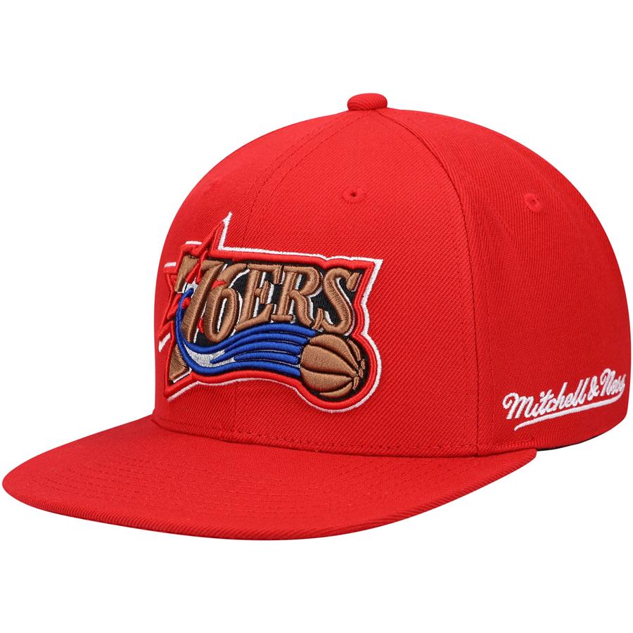 Philadelphia 76ers Mitchell & Ness English Dropback Snapback Hat - Red