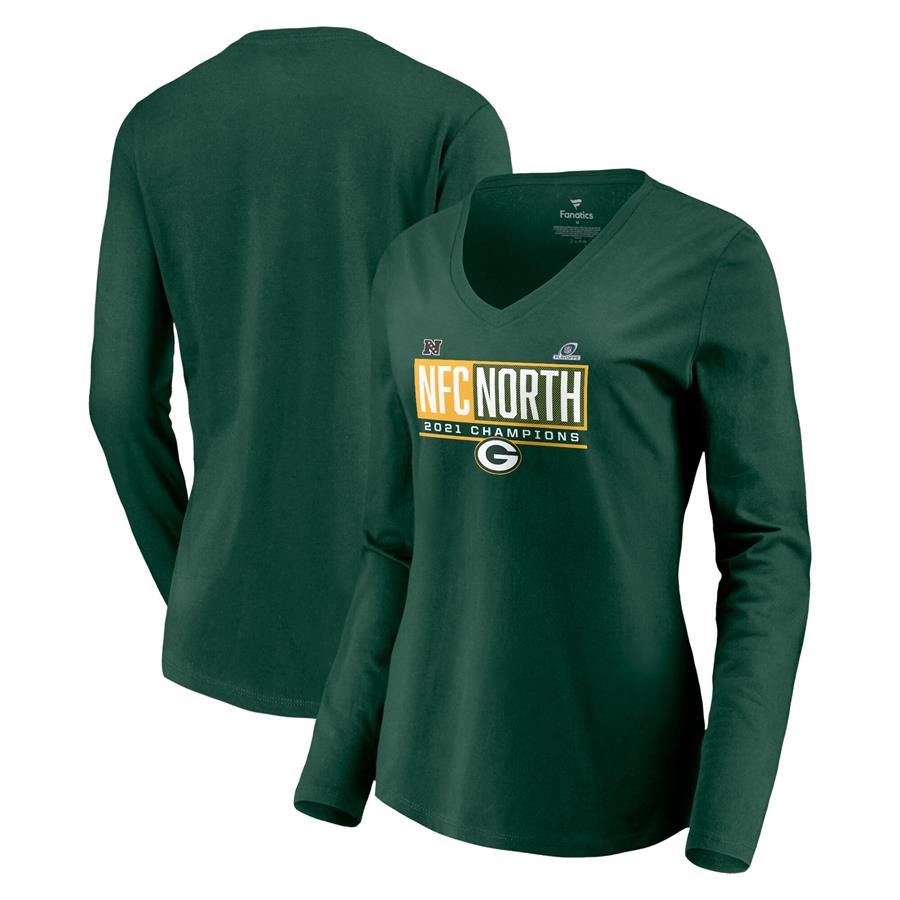 Green Bay Packers Fanatics Branded Women's 2021 NFC North Division Champions Blocked Favorite V-Neck Long Sleeve T-Shirt - Green