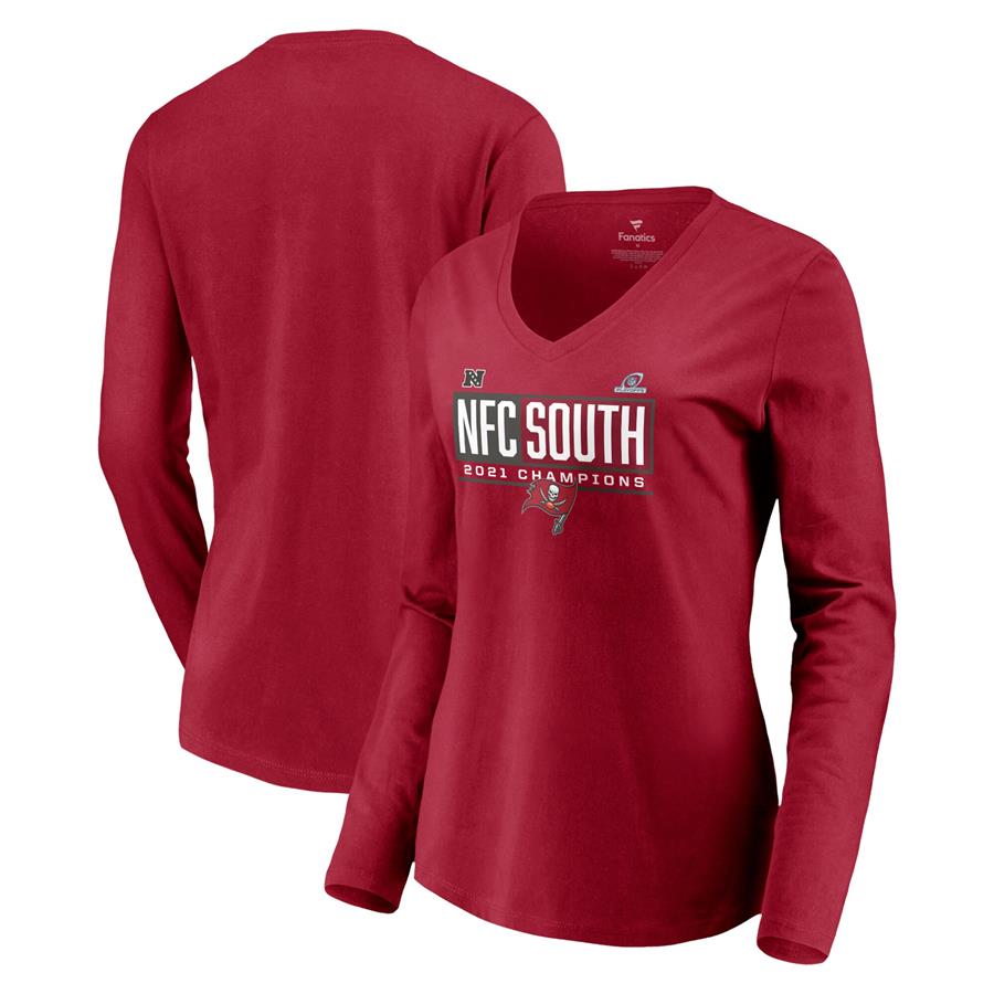 Tampa Bay Buccaneers Fanatics Branded Women's 2021 NFC South Division Champions Blocked Favorite V-Neck Long Sleeve T-Shirt - Red