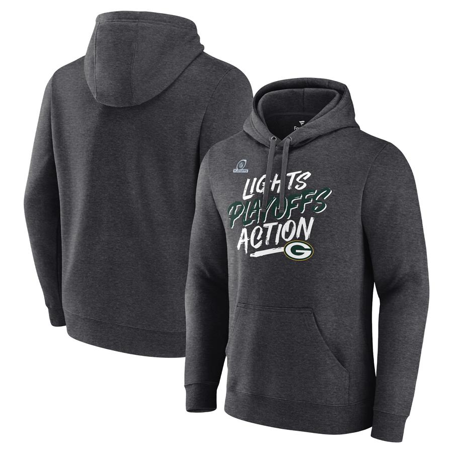 Green Bay Packers Fanatics Branded 2021 NFL Playoffs Bound Lights Action Pullover Hoodie - Heathered Charcoal