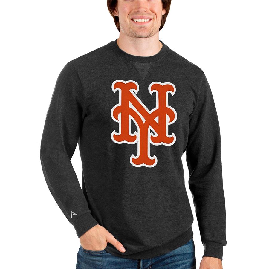 New York Mets Antigua Team Logo Reward Crewneck Pullover Sweatshirt - Heathered Black