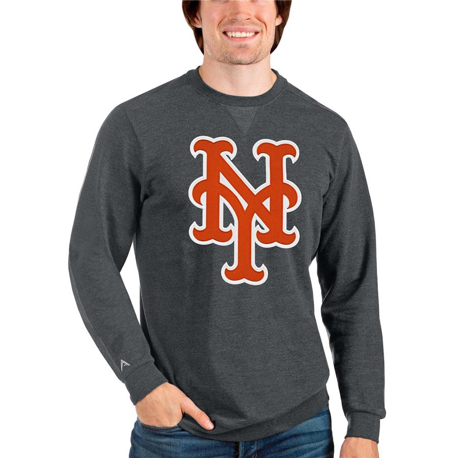 New York Mets Antigua Team Logo Reward Crewneck Pullover Sweatshirt - Heathered Charcoal