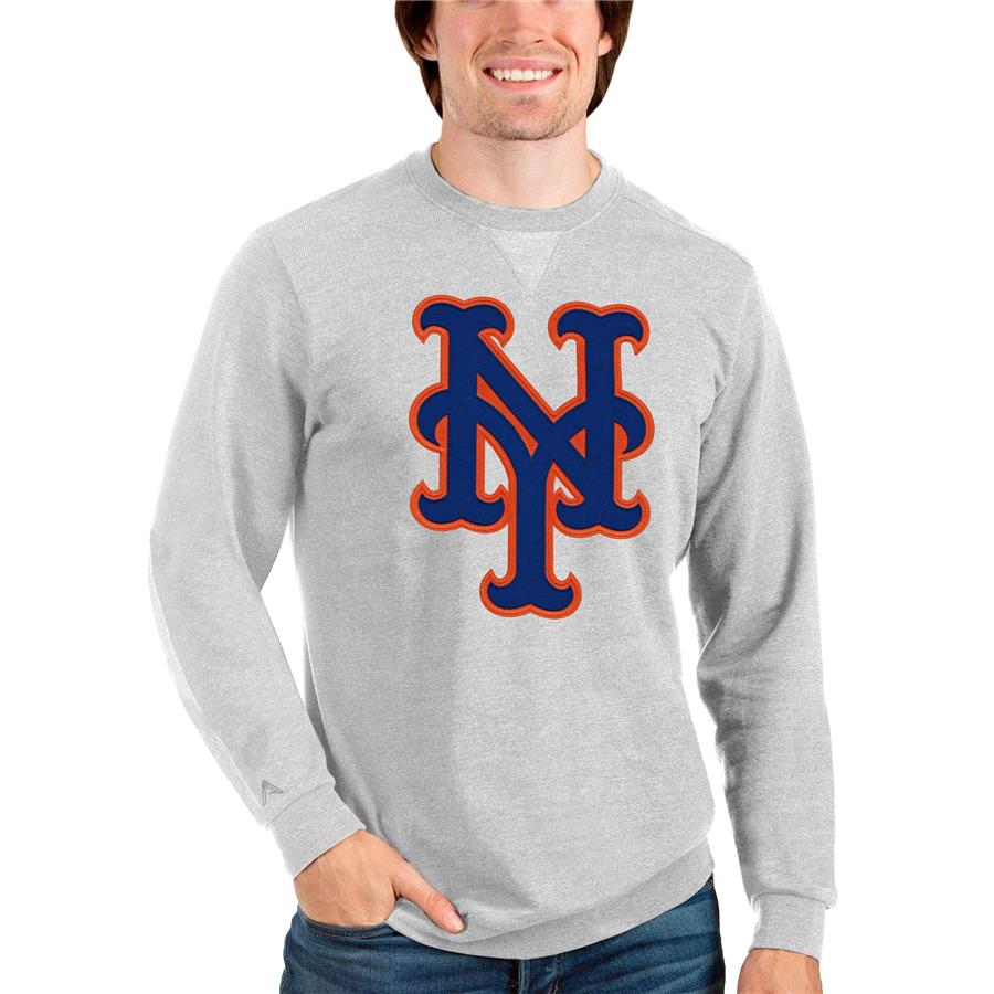 New York Mets Antigua Team Logo Reward Crewneck Pullover Sweatshirt - Heathered Gray