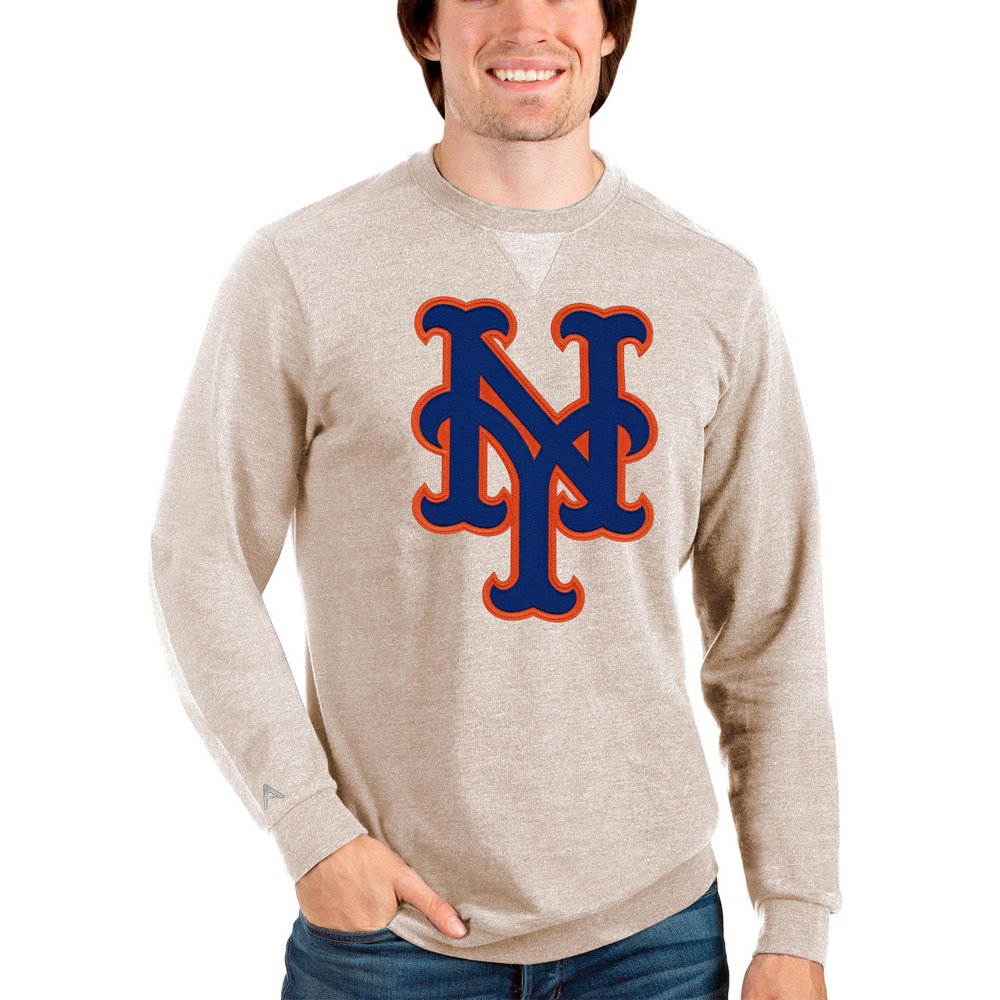 New York Mets Antigua Team Logo Reward Crewneck Pullover Sweatshirt - Oatmeal