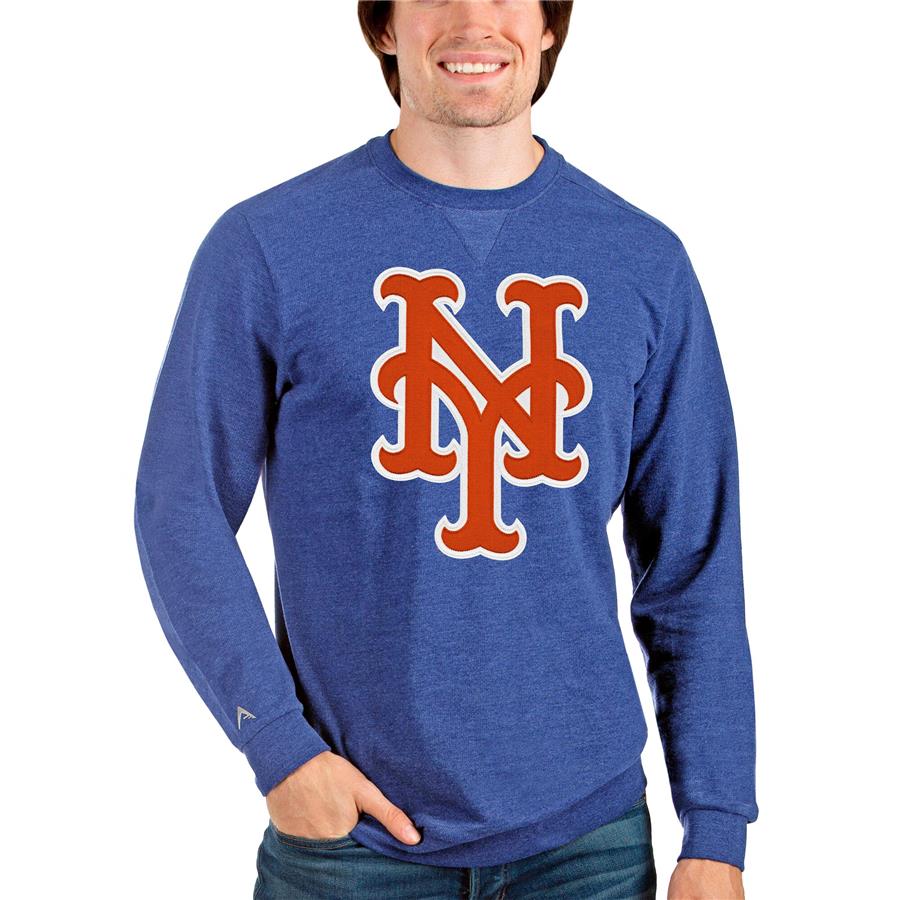 New York Mets Antigua Team Logo Reward Crewneck Pullover Sweatshirt - Heathered Royal