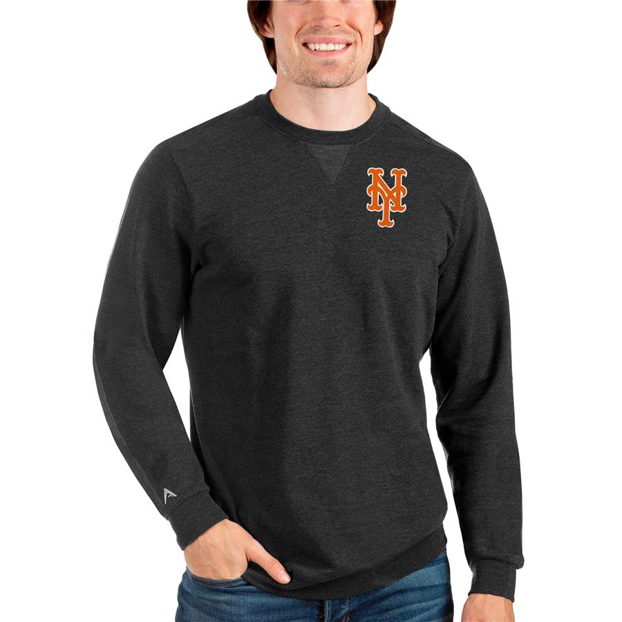 New York Mets Antigua Reward Crewneck Pullover Sweatshirt - Heathered Black