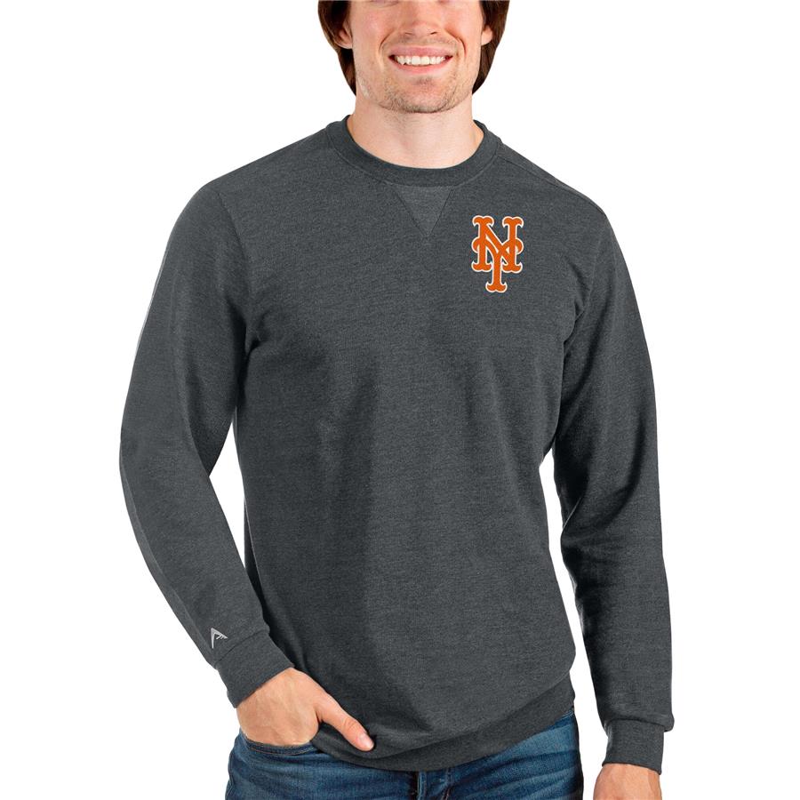 New York Mets Antigua Reward Crewneck Pullover Sweatshirt - Heathered Charcoal
