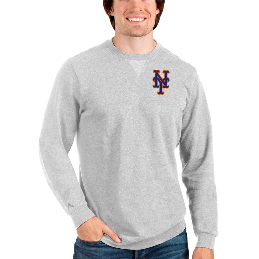 New York Mets Antigua Reward Crewneck Pullover Sweatshirt - Heathered Gray