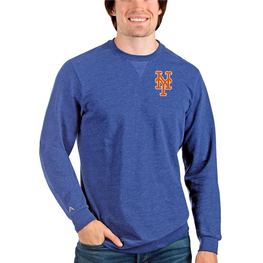 New York Mets Antigua Reward Crewneck Pullover Sweatshirt - Heathered Royal