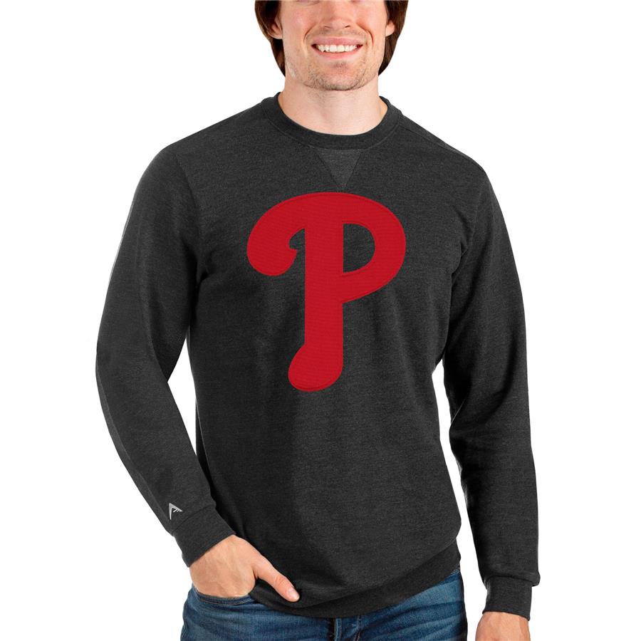 Philadelphia Phillies Antigua Team Logo Reward Crewneck Pullover Sweatshirt - Heathered Black