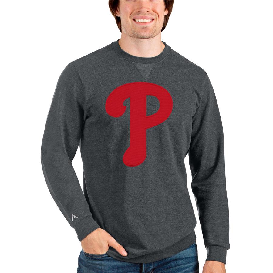 Philadelphia Phillies Antigua Team Logo Reward Crewneck Pullover Sweatshirt - Heathered Charcoal