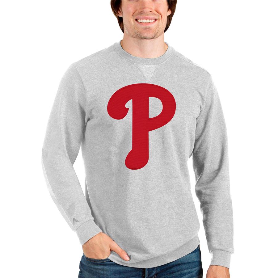 Philadelphia Phillies Antigua Team Logo Reward Crewneck Pullover Sweatshirt - Heathered Gray