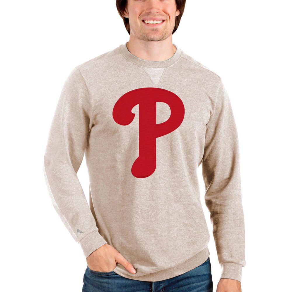 Philadelphia Phillies Antigua Team Logo Reward Crewneck Pullover Sweatshirt - Oatmeal