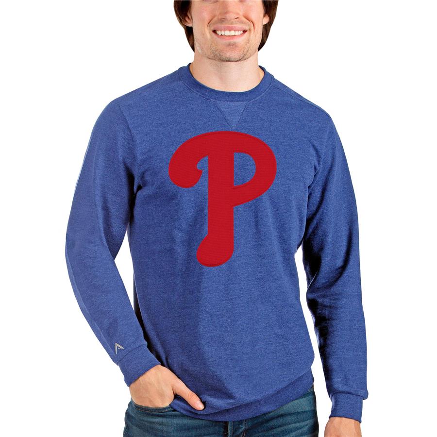 Philadelphia Phillies Antigua Team Logo Reward Crewneck Pullover Sweatshirt - Heathered Royal