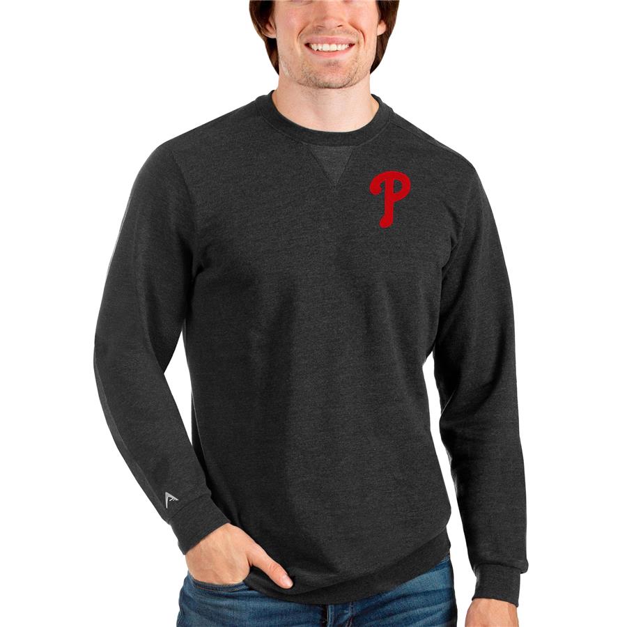 Philadelphia Phillies Antigua Reward Crewneck Pullover Sweatshirt - Heathered Black