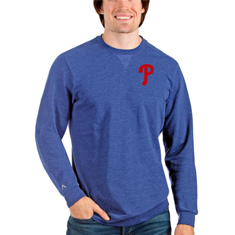 Philadelphia Phillies Antigua Reward Crewneck Pullover Sweatshirt - Heathered Royal