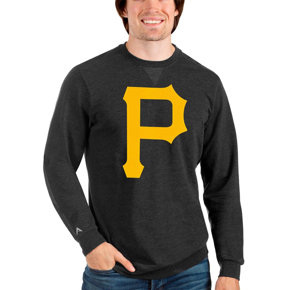 Pittsburgh Pirates Antigua Team Logo Reward Crewneck Pullover Sweatshirt - Heathered Black