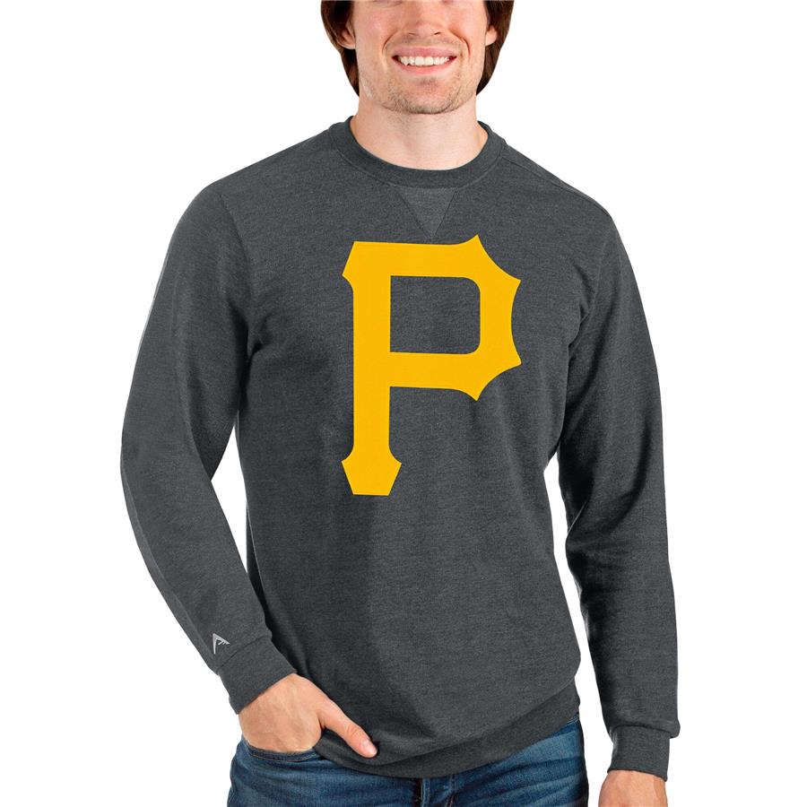 Pittsburgh Pirates Antigua Team Logo Reward Crewneck Pullover Sweatshirt - Heathered Charcoal