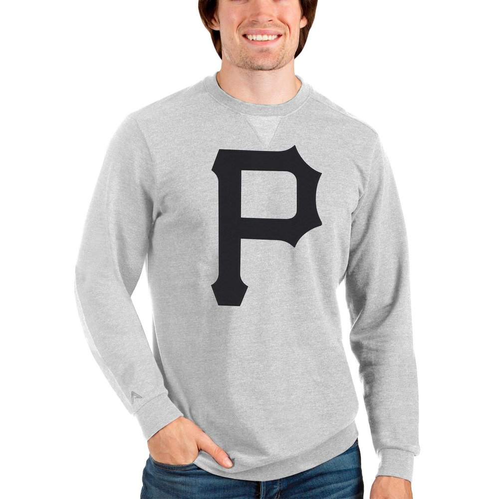 Pittsburgh Pirates Antigua Team Logo Reward Crewneck Pullover Sweatshirt - Heathered Gray