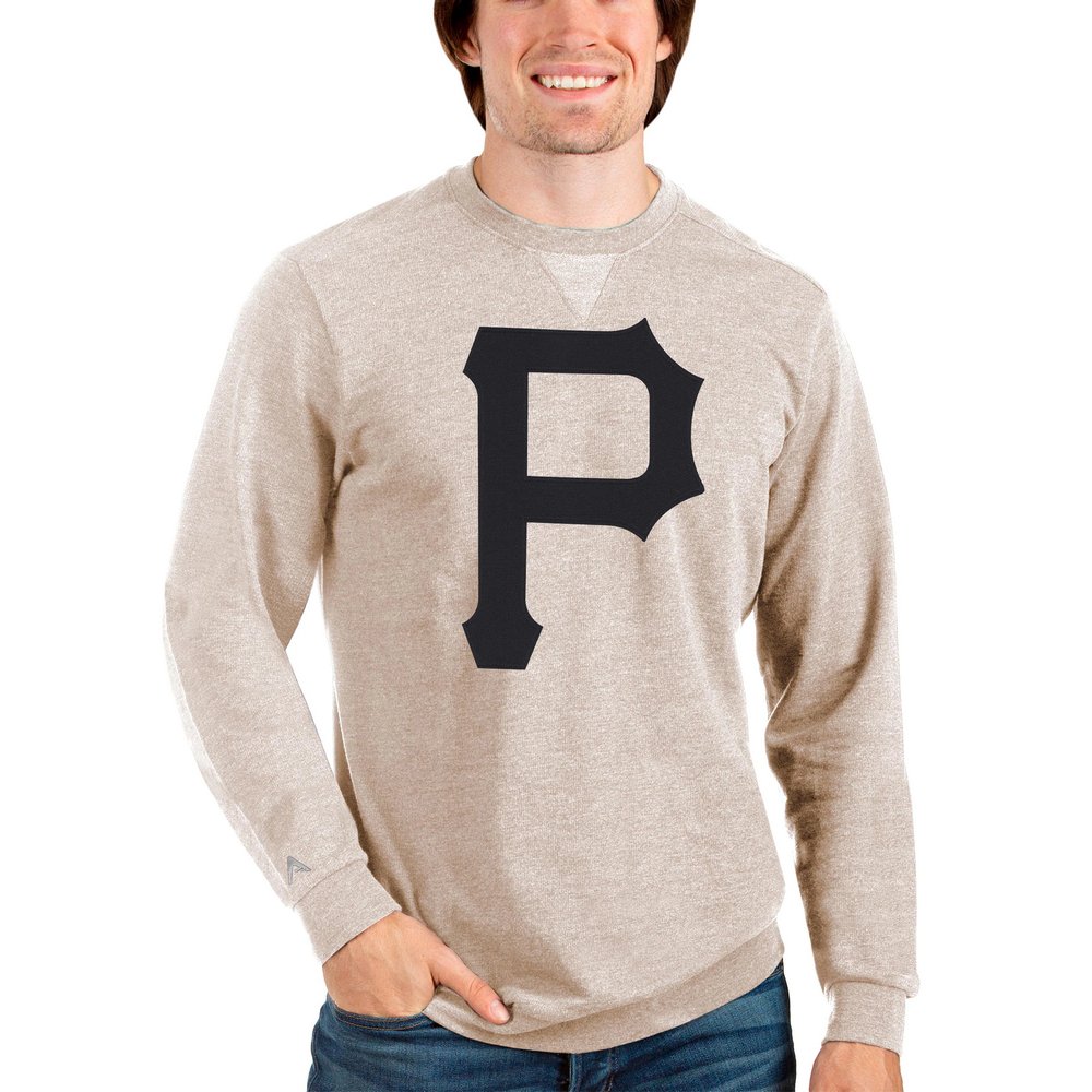 Pittsburgh Pirates Antigua Team Logo Reward Crewneck Pullover Sweatshirt - Oatmeal