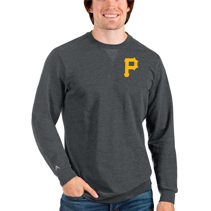 Pittsburgh Pirates Antigua Reward Crewneck Pullover Sweatshirt - Heathered Charcoal