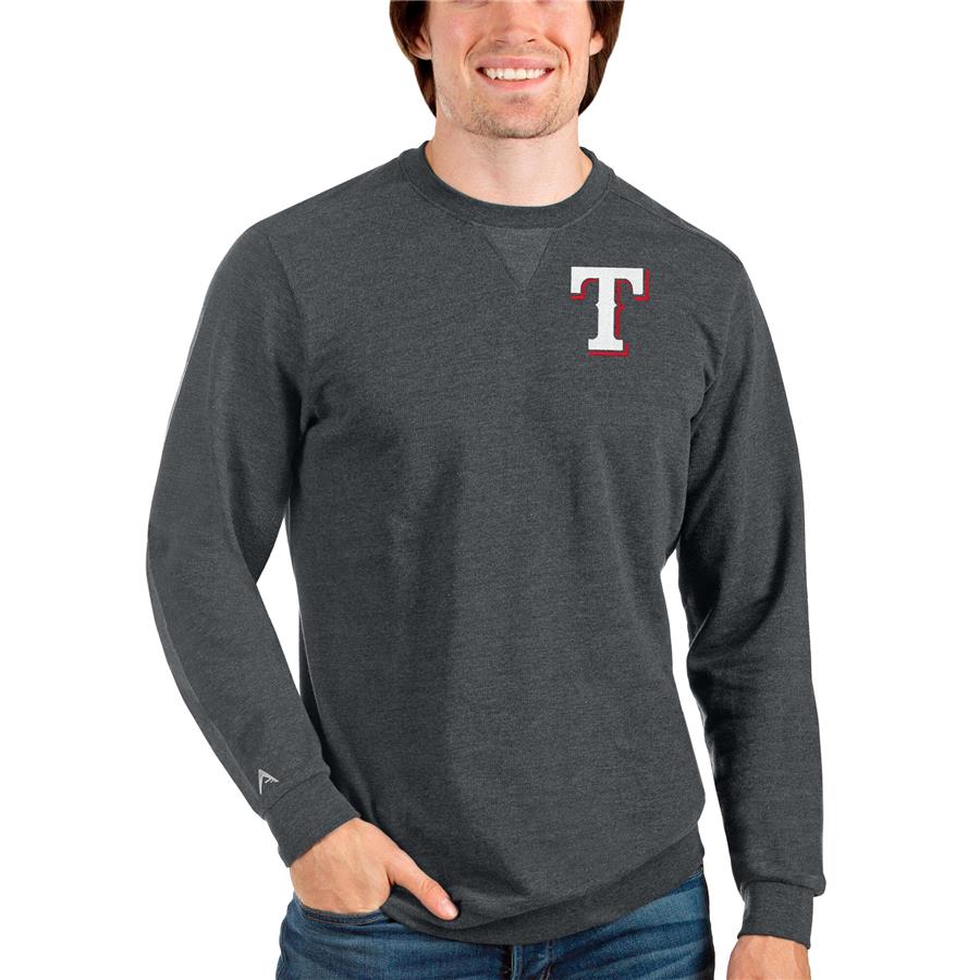 Texas Rangers Antigua Reward Crewneck Pullover Sweatshirt - Heathered Charcoal
