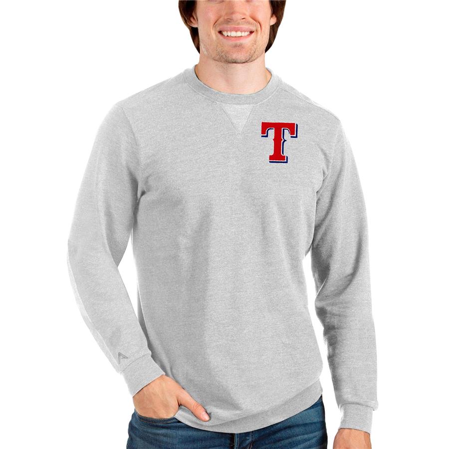 Texas Rangers Antigua Reward Crewneck Pullover Sweatshirt - Heathered Gray