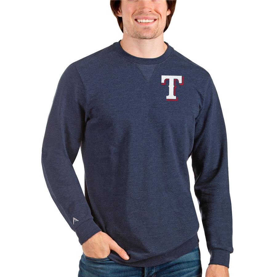 Texas Rangers Antigua Reward Crewneck Pullover Sweatshirt - Heathered Navy