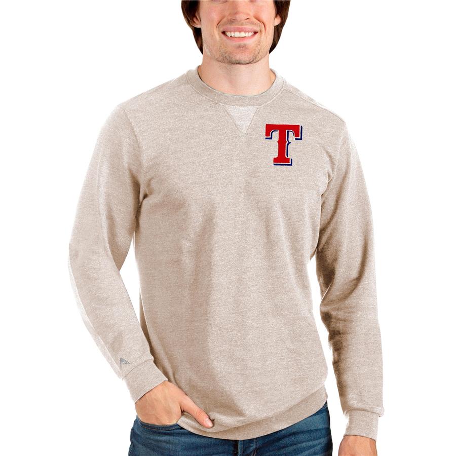 Texas Rangers Antigua Reward Crewneck Pullover Sweatshirt - Oatmeal