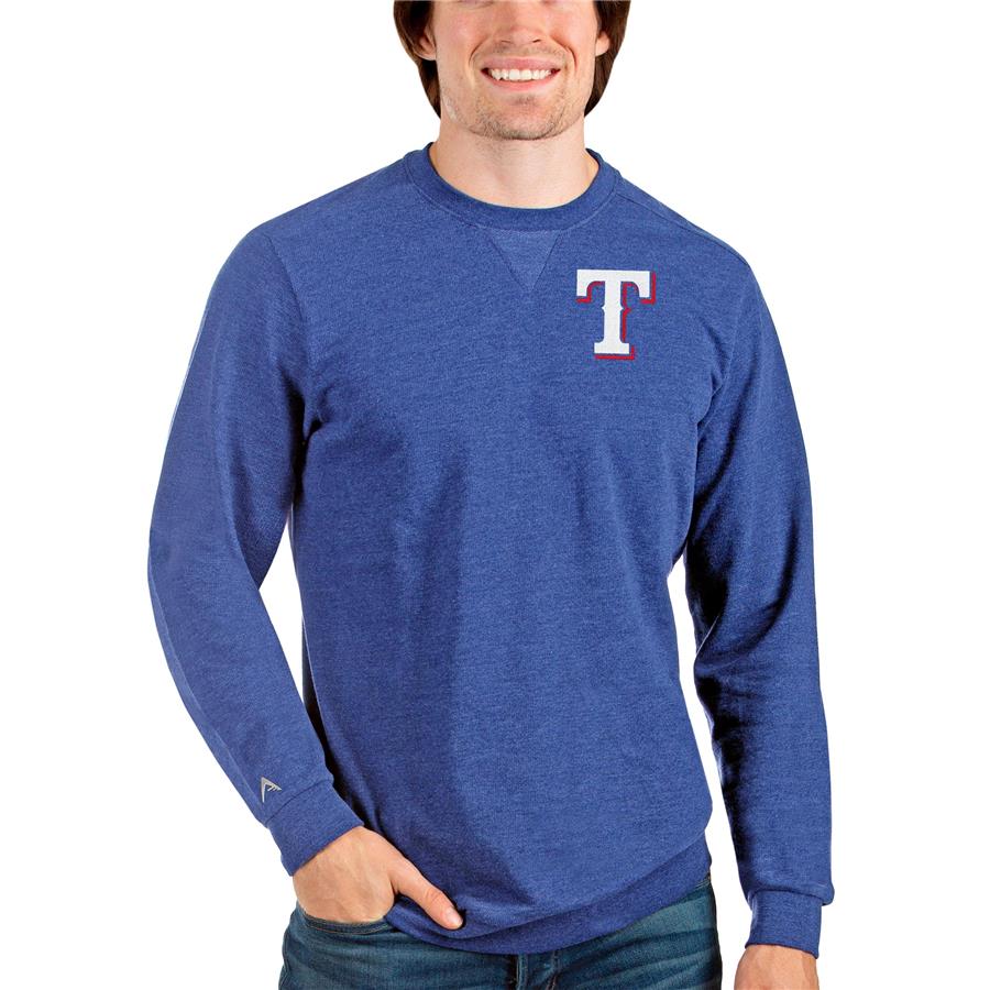 Texas Rangers Antigua Reward Crewneck Pullover Sweatshirt - Heathered Royal