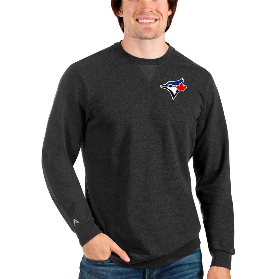 Toronto Blue Jays Antigua Reward Crewneck Pullover Sweatshirt - Heathered Black