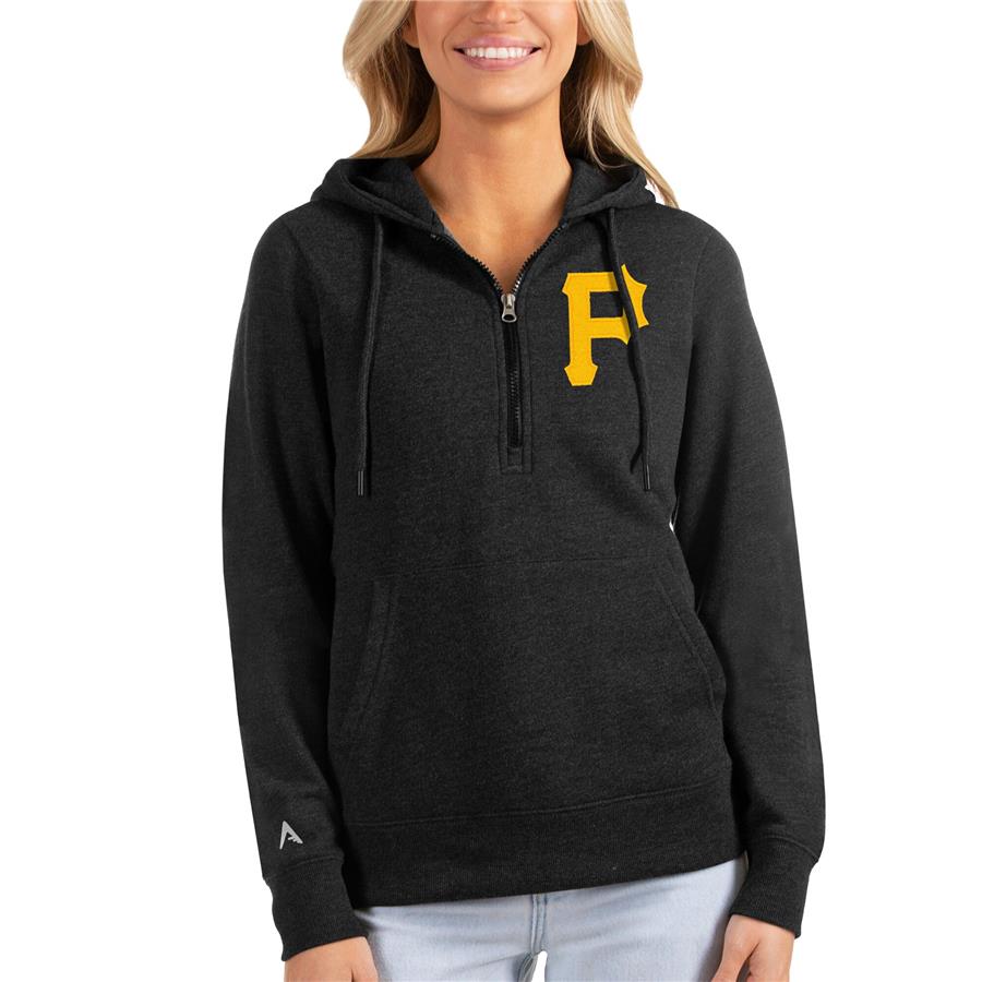 Pittsburgh Pirates Antigua Women's Action Half-Zip Pullover Hoodie - Heathered Black