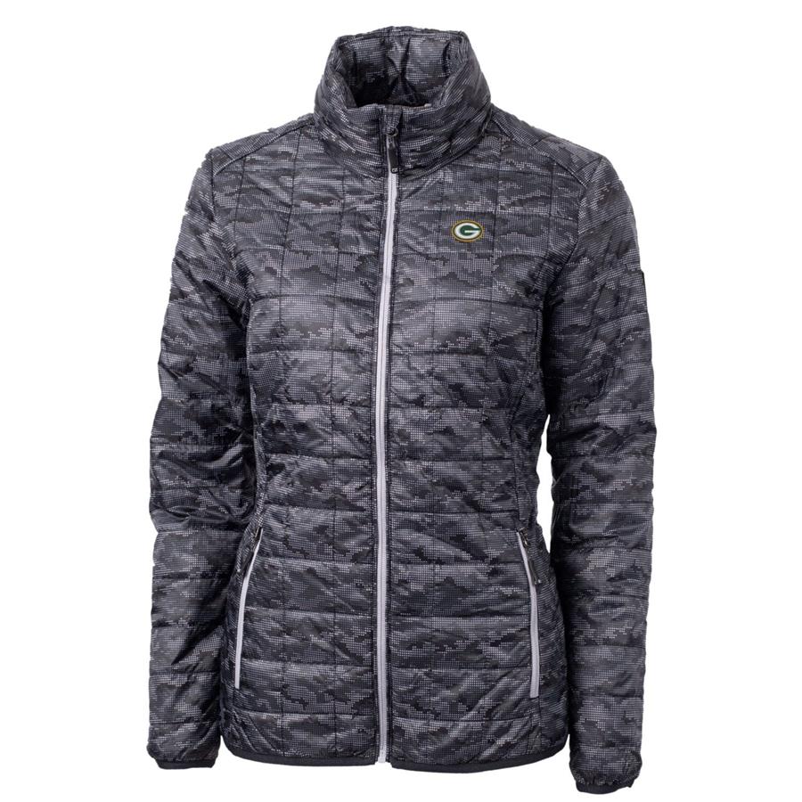 Green Bay Packers Cutter & Buck Women's Rainier Printed Full-Zip Puffer Jacket - Black