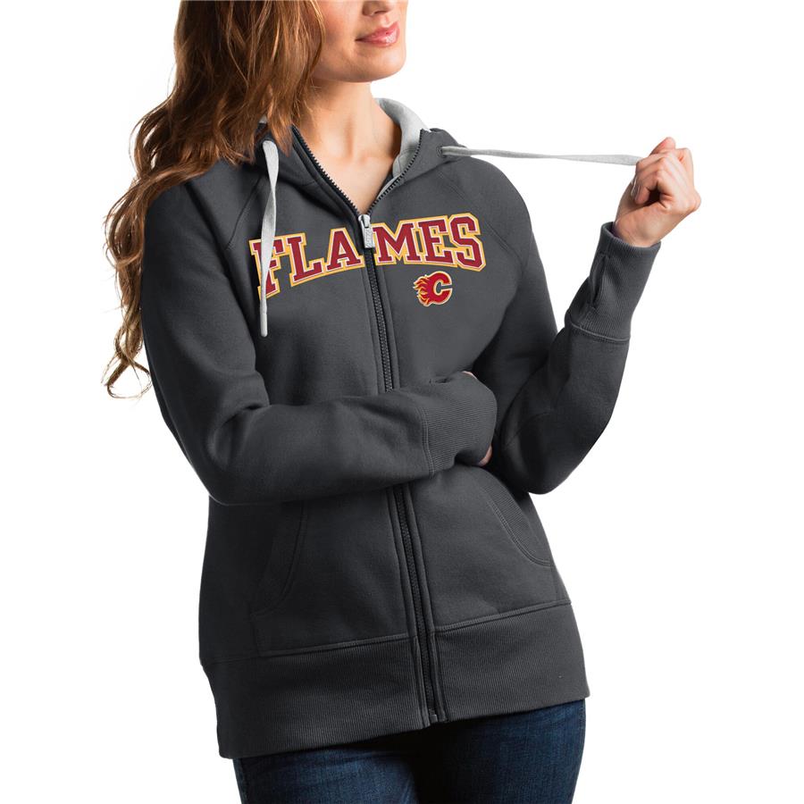 Calgary Flames Antigua Women's Wordmark Victory Full-Zip Hoodie - Charcoal