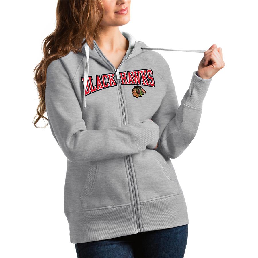 Chicago Blackhawks Antigua Women's Wordmark Victory Full-Zip Hoodie - Heathered Gray