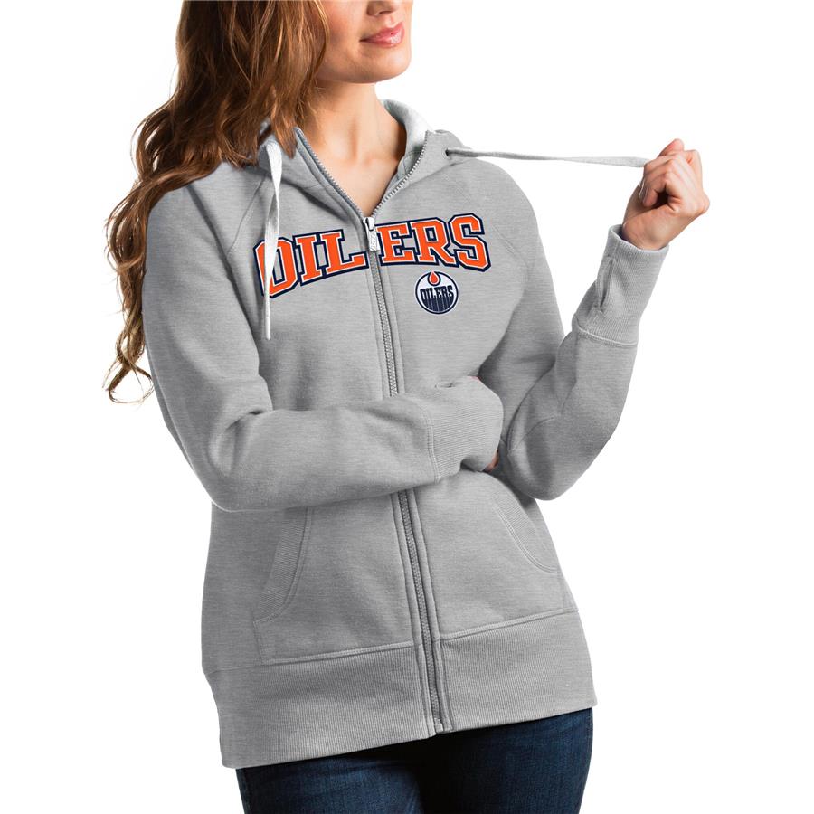 Edmonton Oilers Antigua Women's Wordmark Victory Full-Zip Hoodie - Heathered Gray