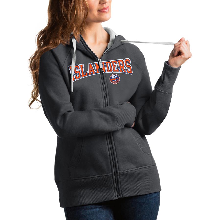 New York Islanders Antigua Women's Wordmark Victory Full-Zip Hoodie - Charcoal
