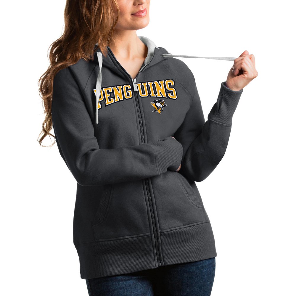 Женское худи на молнии Pittsburgh Penguins Antigua Wordmark Victory (тёмно-серый)