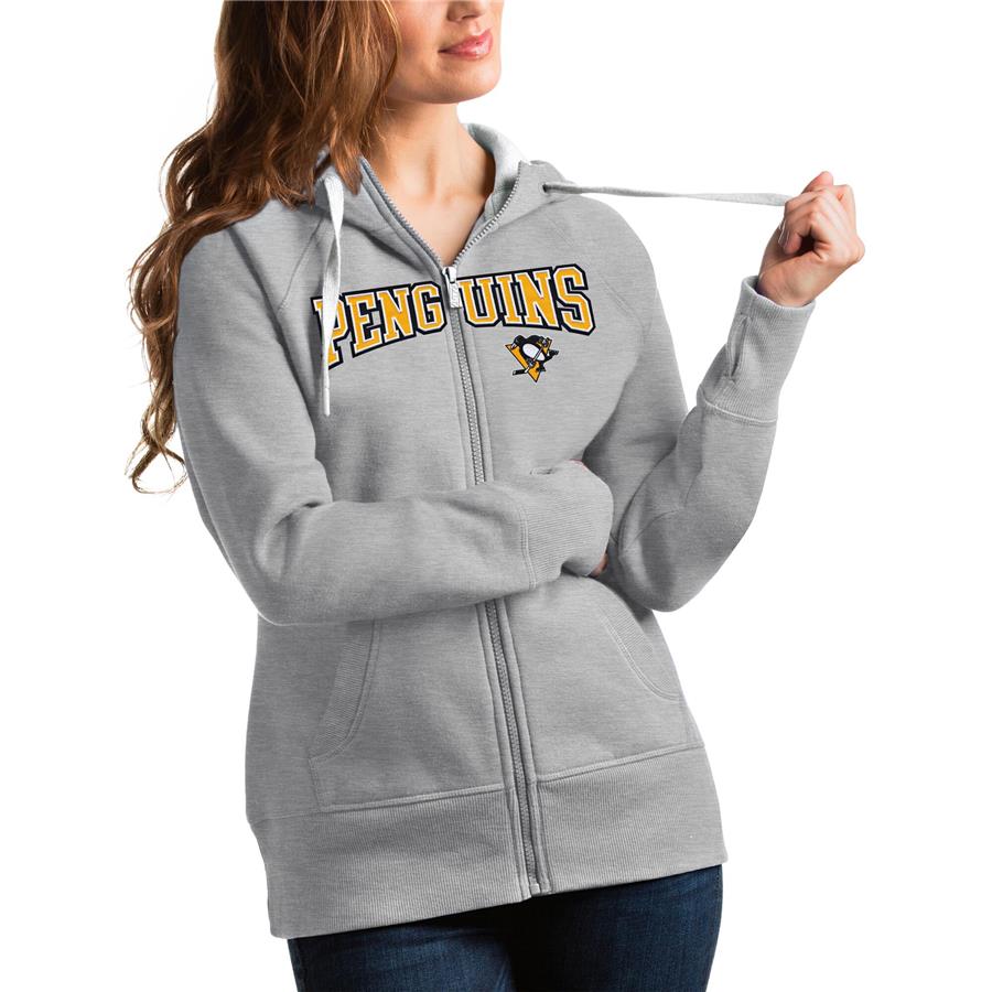 Pittsburgh Penguins Antigua Women's Wordmark Victory Full-Zip Hoodie - Heathered Gray