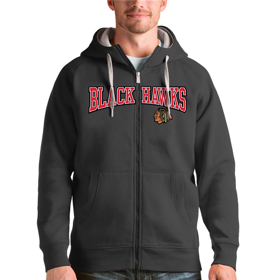 Chicago Blackhawks Antigua Wordmark Victory Full-Zip Hoodie - Charcoal