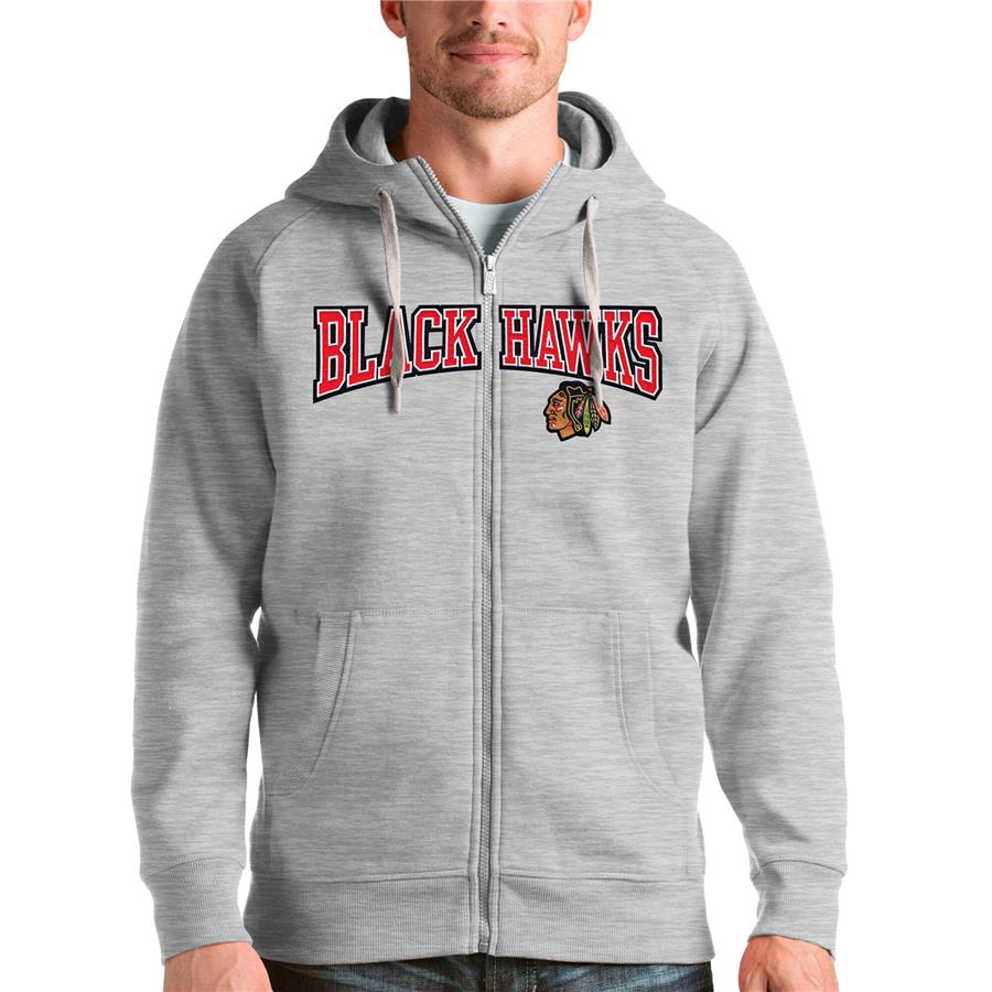 Chicago Blackhawks Antigua Wordmark Victory Full-Zip Hoodie - Heathered Gray